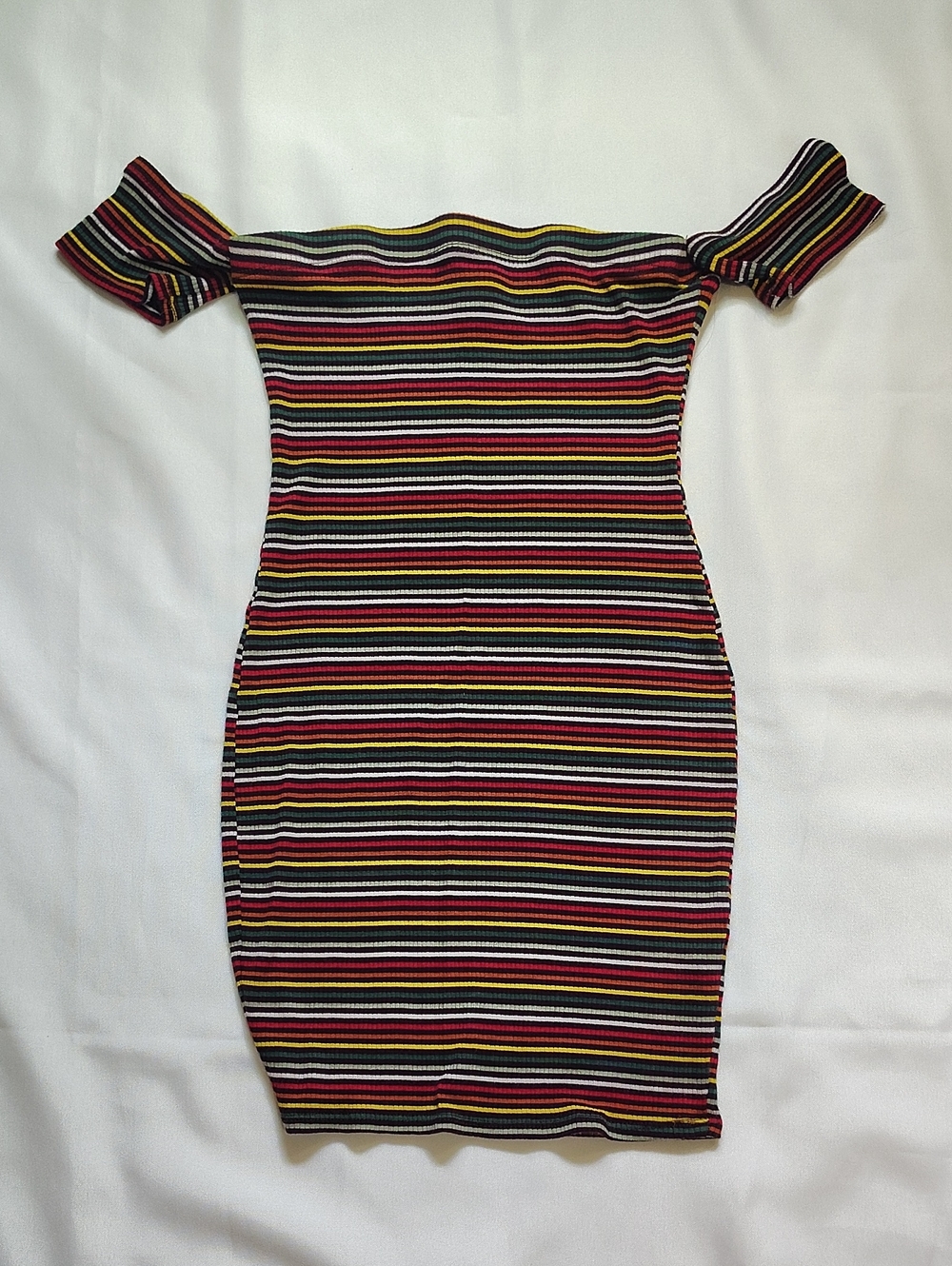 Shop 17 Mini Dress Size M Multicolor Striped Off-The-Shoulder Sleeves